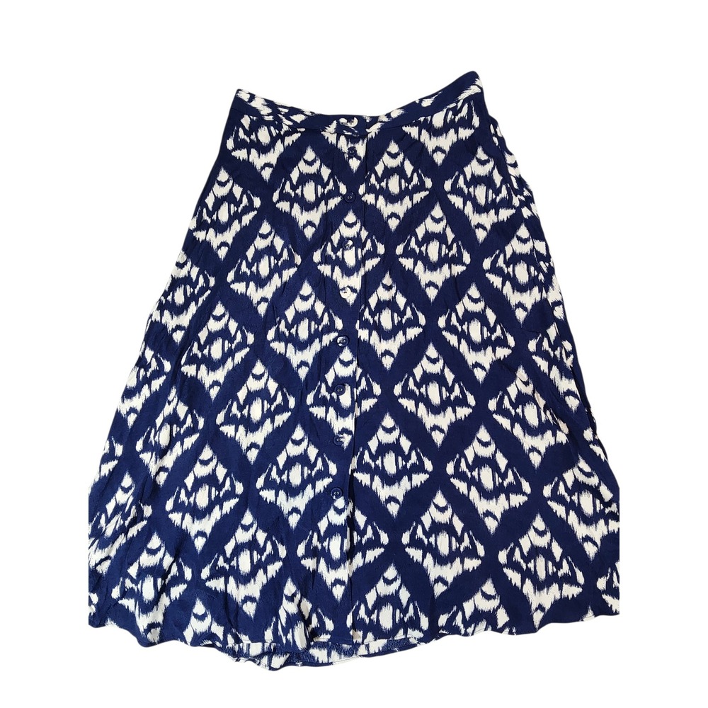 Talbots Midi Skirt Womens 8P Navy Blue White Ikat Button Front A-Line NEW